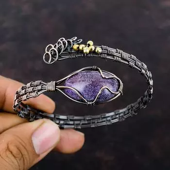 Браслет из пурпурита, браслет-манжета с драгоценным камнем, ювелирные изделия из медной проволоки, регулируемый браслет-манжета, уникальные ювелирные изделия ручной работы, браслет из медной проволоки