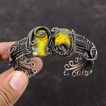 Браслет из яшмы с драгоценными камнями, браслет-манжета из медной проволоки, браслет ручной работы, регулируемый браслет, подарок на помолвку, антикварные медные украшения