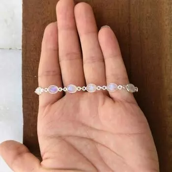 Браслет из радужного лунного камня, натуральный лунный камень, браслет из стерлингового серебра, длина 8 дюймов, изящный браслет, браслет из драгоценных камней, серебро 92,5 пробы Free Size белый