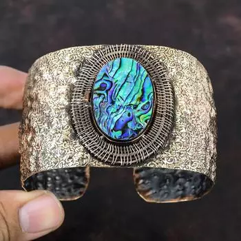 Браслет из ракушки абалон, медная проволока, обернутая драгоценным камнем, браслет-манжета ручной работы, регулируемый браслет-манжета, элегантные медные ювелирные изделия, подарок для нее