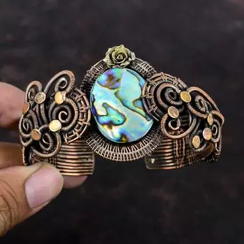 Браслет из ракушки с драгоценным камнем, медная проволока, браслет-манжета, цветок, регулируемый браслет, медные украшения ручной работы, подарок на помолвку, проволочный браслет