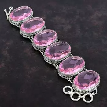 Браслет из розового граненого кунцита, браслет из стерлингового серебра 925 пробы, регулируемый браслет-цепочка, винтажные украшения, браслет из натурального драгоценного камня, свадебные подарки