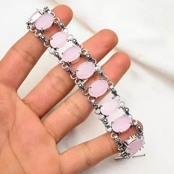 Браслет из розового халцедона, 925 пробы, сплошной стерлингового серебра, регулируемый браслет-цепочка, браслет ручной работы для подарков 8 inches with Adjustable розовый