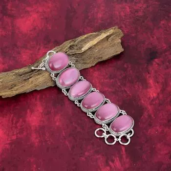 Браслет из розового кошачьего глаза, ювелирные изделия из цельного серебра 925 пробы с драгоценными камнями, браслет ручной работы для свадебного подарка Adjustable with 8 inches розовый