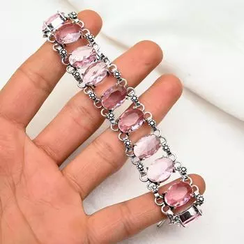 Браслет из розового кунцита, браслет из стерлингового серебра 925 пробы с драгоценными камнями, уникальные ювелирные изделия, регулируемый браслет-цепочка 8 inches with Adjustable розовый