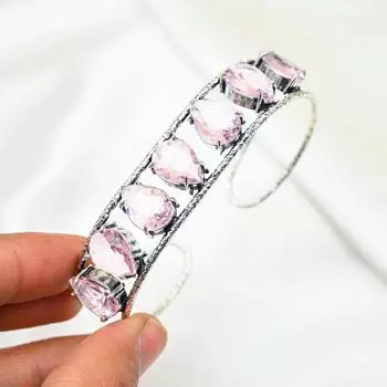 Браслет из розового кунцита, серебряный браслет 925 пробы, регулируемый браслет с драгоценными камнями, браслет-манжета ручной работы, подарок для матери, элегантные ювелирные изделия Adjustable розовый