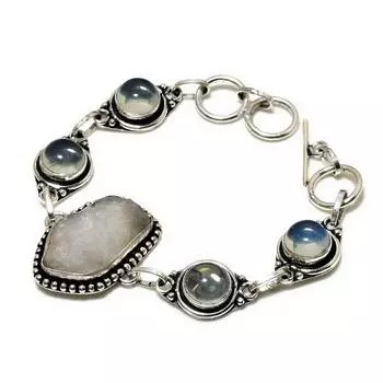 Браслет из розового кварца с грубым молочным опалом 925 пробы, посеребренный, 6–8 дюймов