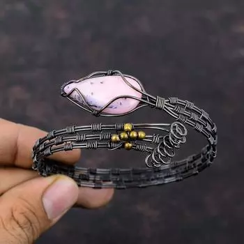 Браслет из розового опала, браслет-манжета из медной проволоки, регулируемый браслет, ювелирные изделия из медной проволоки, браслет из настоящего драгоценного камня, подарок для мамы, браслет ручной работы