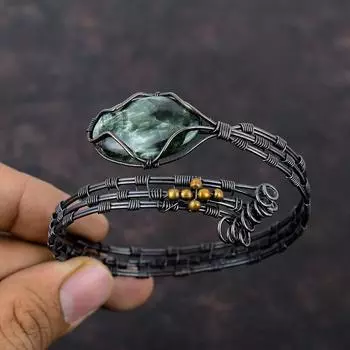 Браслет из серафинита с драгоценными камнями, браслет-манжета из медной проволоки, браслет ручной работы из меди, регулируемый браслет, ювелирные изделия из проволоки для подарка