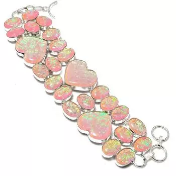 Браслет из серебра 925 пробы с натуральным розовым опалом и тремя камнями 7-8 дюймов C6q28