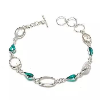 Браслет из серебра 925 пробы с натуральным белым топазом и диопсидом 7-8 дюймов E7g61