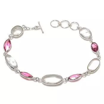 Браслет из серебра 925 пробы с натуральным белым топазом и рубиллитом 7-8 дюймов D7m33