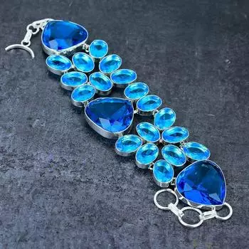 Браслет из серебра 925 пробы с натуральным голубым топазом ручной работы 7-8 дюймов l4H11