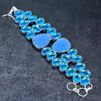 Браслет из серебра 925 пробы с натуральным аква-халцедоном и топазом 7-8 дюймов a9Y98