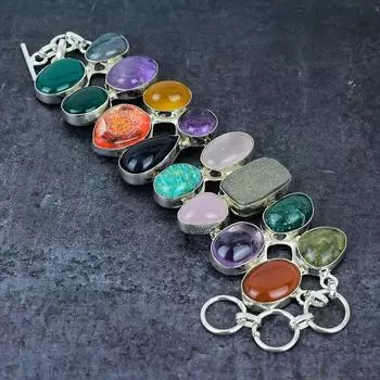 Браслет из серебра 925 пробы с натуральным шалфеем, аметистом и ониксом 7-8 дюймов R7S01