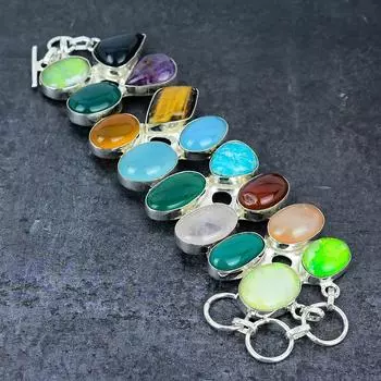 Браслет из серебра 925 пробы с натуральным тигровым глазом и опалом, ручная работа, 7-8 дюймов a2E09