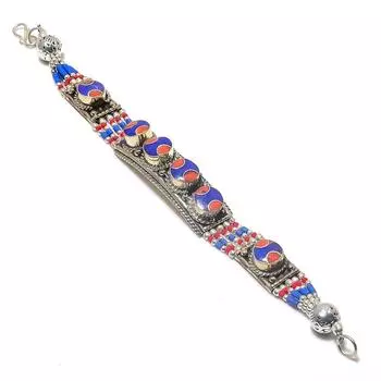 Браслет из серебра 925 пробы с натуральным лазуритом и кораллом 7-8 дюймов I8C35