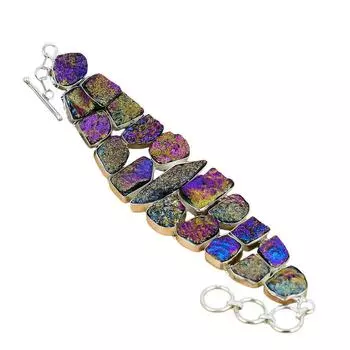 Браслет из серебра 925 пробы с натуральным титановым друзом и драгоценными камнями Браслет из титанового друза с штампованным драгоценным камнем 925 пробы 7 синий