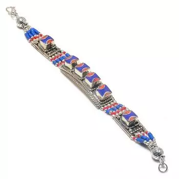 Браслет из серебра 925 пробы с натуральным красным кораллом и лазуритом, длина 7-8 дюймов, G3D83