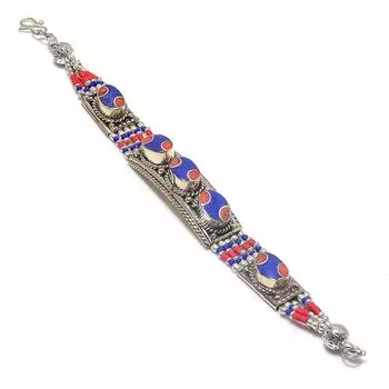 Браслет из серебра 925 пробы с натуральным красным кораллом и лазуритом 7-8 дюймов T0m39