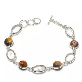 Браслет из серебра 925 пробы с натуральным тигровым глазом и топазом, длина 7-8 дюймов, d7p62
