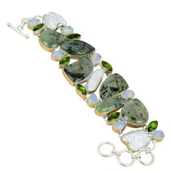 Браслет из серебра 925 пробы с пренитом, жемчугом и перидотом, ручной работы, с драгоценными камнями, пренитом и штампованным драгоценным камнем 7 зелёный