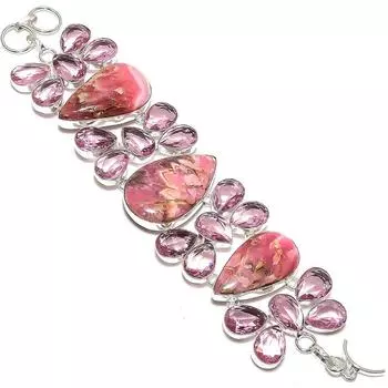 Браслет из серебра 925 пробы с родохрозитом и кунцитом, подарочный, 7-8 дюймов, g9W04