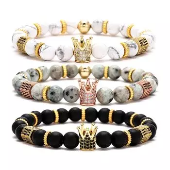 Браслет из шестиугольных бусин с короной из циркона, мужской браслет, браслет из белой сосны BA-011G