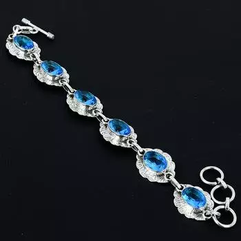 Браслет из швейцарского голубого топаза. Драгоценный камень из швейцарского голубого топаза. Браслет ручной работы из стерлингового серебра 925 пробы. Браслет из синего топаза для подарка. Браслет для матери. 8 синий