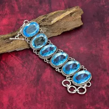 Браслет из швейцарского синего топаза, ювелирные изделия из стерлингового серебра 925 пробы, регулируемый браслет-цепочка, ювелирные изделия с топазом, драгоценный камень, ювелирные изделия ручной работы, подарок для нее 8 Inches With Adjustable синий