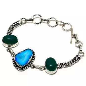 Браслет из синего солнечного кварца, зеленого оникса 925 пробы с посеребренным покрытием, 6–8 дюймов
