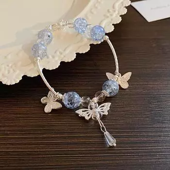 Браслет из синих бусин в неокитайском стиле, креативный браслет с подвеской в виде бабочки, браслет из синего стекла для девочки синий