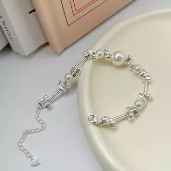 Браслет из сломанного серебра с жемчугом. Женский браслет из чистого серебра 925 пробы. Instagram Крутой и элегантный дизайн. Нестандартный высококлассный браслет. Ручная работа. 15CM