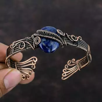 Браслет из содалита, драгоценный камень, браслет из медной проволоки, регулируемый браслет, ювелирные изделия из проволочной обмотки, браслет-манжета ручной работы, медные украшения для подарка