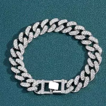 Браслет из сплава хип-хоп 13 мм черный бриллиант кубинская цепь личность модный мужской 7 inch серебряный