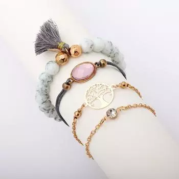 Браслет из стеклянных бусин, женский, инкрустированный бриллиантами, простой персонализированный браслет в виде дерева жизни, набор из 4 предметов розового золота