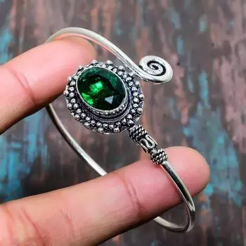 Браслет из стерлингового серебра 925 драгоценных камней хромового диопсиде ручной работы регулируемый для нее Adjustable зелёный