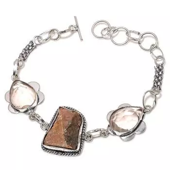 Браслет из стерлингового серебра 925 пробы, грубый натуральный солнечный камень, морганит, 7–8 дюймов, j2H38