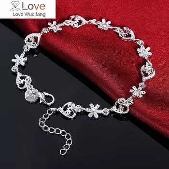 Браслет из стерлингового серебра 925 пробы, модная цепочка с кристаллами и романтическим сердцем и цветком для женщин, свадебные аксессуары, дизайнерские ювелирные изделия