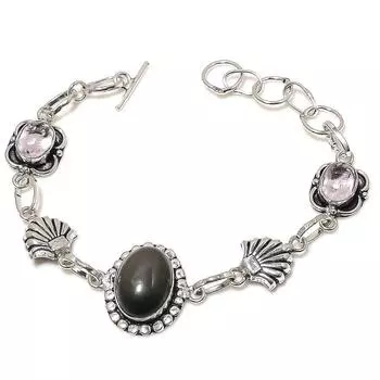 Браслет из стерлингового серебра 925 пробы, натуральный черный оникс и белый топаз, 7–8 дюймов, G6n41