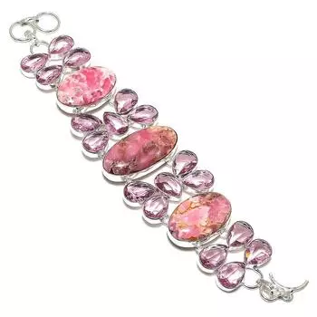 Браслет из стерлингового серебра 925 пробы, натуральный родохрозит и кунцит, 7–8 дюймов, E4R97