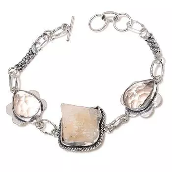 Браслет из стерлингового серебра 925 пробы, натуральный розовый кварц, грубый морганит, 7–8 дюймов I4Z58