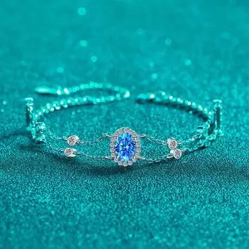 Браслет из стерлингового серебра 925 пробы PT950, золотой, синий, овальная сумка, браслет из муассанита с двойной цепочкой, индивидуальный тренд Adjustable size