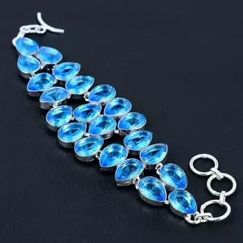 Браслет из стерлингового серебра 925 пробы ручной работы с драгоценным камнем из швейцарского голубого топаза, браслет из серебряного драгоценного камня, браслет из камня из швейцарского голубого топаза, браслет унисекс 8 синий