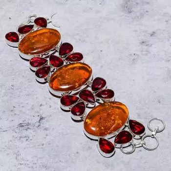 Браслет из стерлингового серебра 925 пробы ручной работы с натуральным балтийским янтарем и гранатом 7-8 дюймов u4N56
