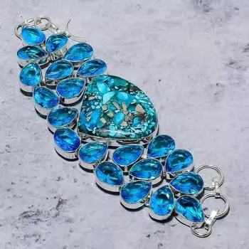 Браслет из стерлингового серебра 925 пробы с натуральной колючей устрицей и голубым топазом, 7–8 дюймов r0O29