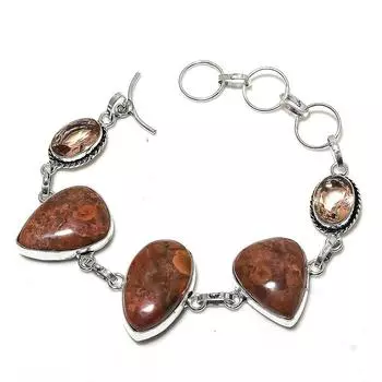 Браслет из стерлингового серебра 925 пробы с натуральной бабочкой, яшмой и морганитом, 7–8 дюймов, j7k06