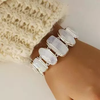 Браслет из стерлингового серебра 925 пробы с натуральным радужным лунным камнем, регулируемый от 6 до 7 дюймов, регулируемая длина 7.5 Inch белый