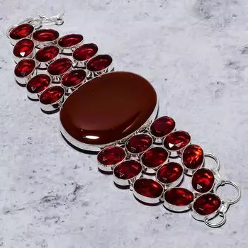 Браслет из стерлингового серебра 925 пробы с натуральным красным сердоликом и гранатом 7–8 дюймов l3J47