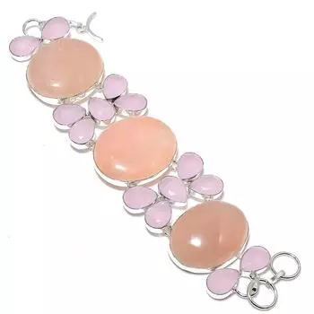 Браслет из стерлингового серебра 925 пробы с натуральным розовым кварцем и халцедоном 7-8 дюймов G3g63